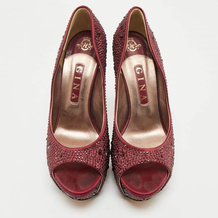 Pre Owned Gina Burgundy Satin Crystal Embellished Peep Toe Platform Pumps Size 39.5
