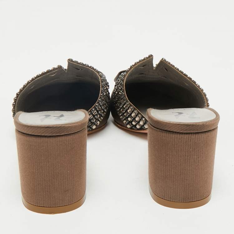 Pre Owned Gina Brown Satin Crystal Embellished Chachki Block Heel Mules Size 38