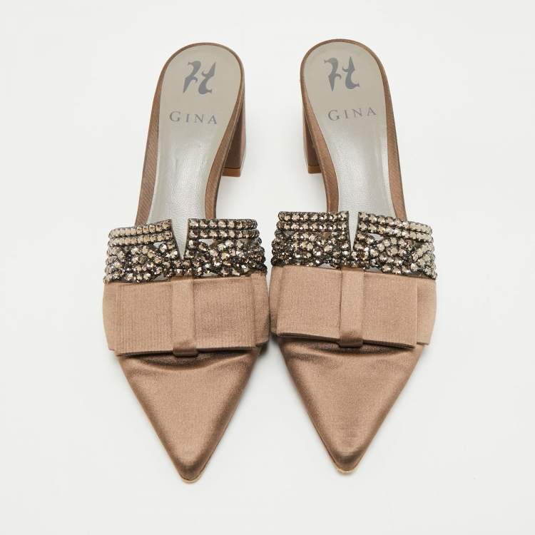 Pre Owned Gina Brown Satin Crystal Embellished Chachki Block Heel Mules Size 38