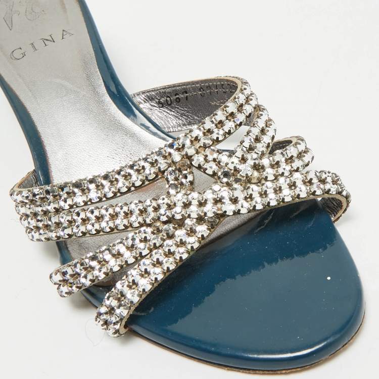 Pre Owned Gina Blue//Silver Patent Leather Crystal Embellished Slides Sandals Size 38.5