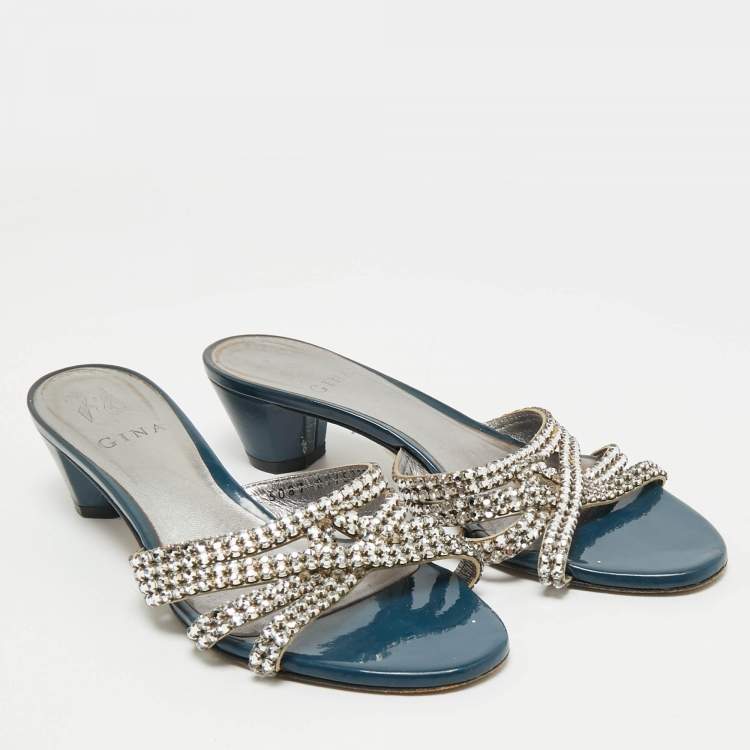 Pre Owned Gina Blue//Silver Patent Leather Crystal Embellished Slides Sandals Size 38.5