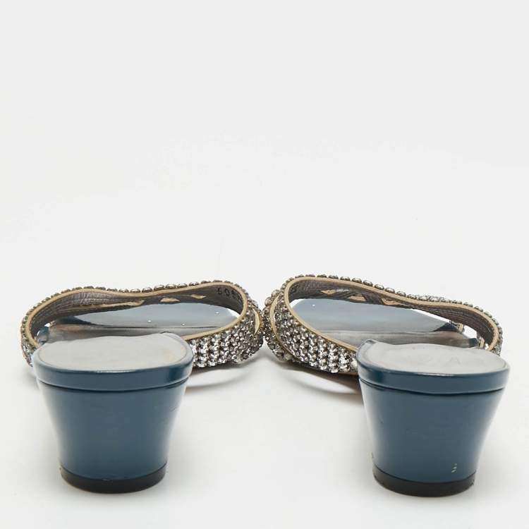 Pre Owned Gina Blue//Silver Patent Leather Crystal Embellished Slides Sandals Size 38.5