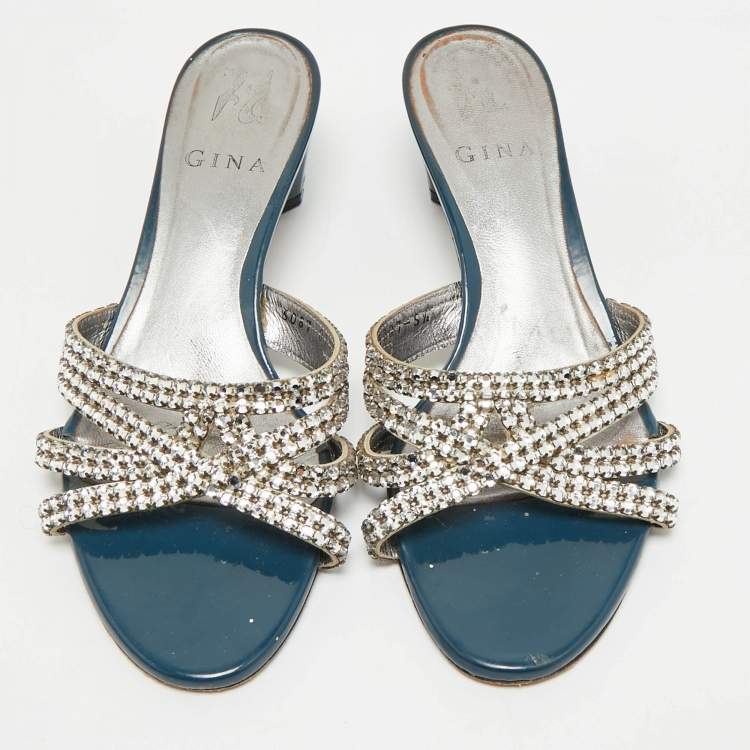 Pre Owned Gina Blue//Silver Patent Leather Crystal Embellished Slides Sandals Size 38.5