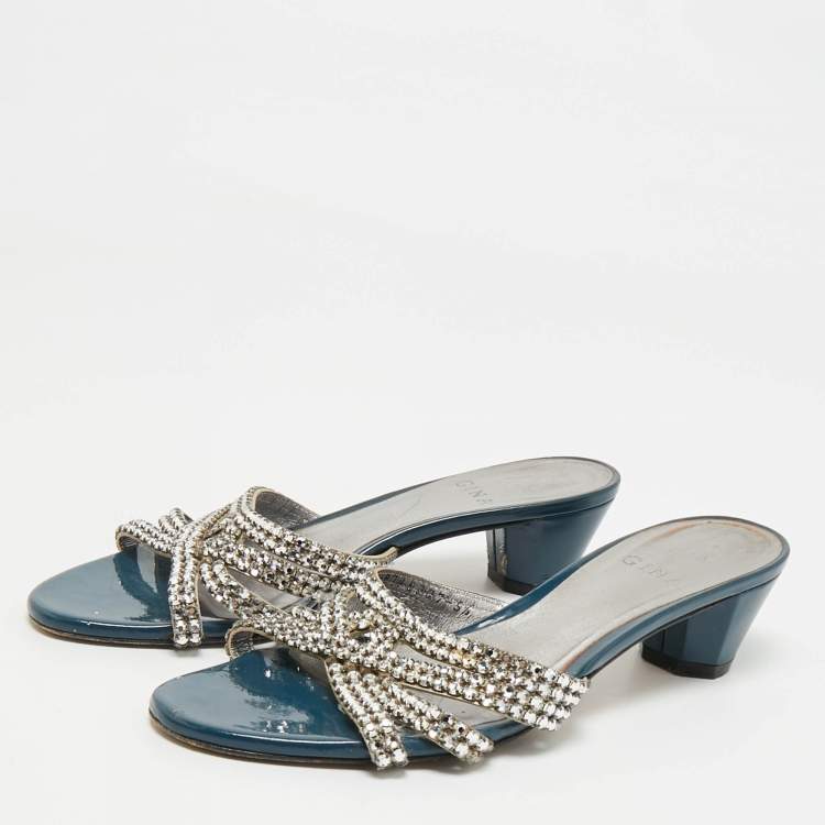 Pre Owned Gina Blue//Silver Patent Leather Crystal Embellished Slides Sandals Size 38.5