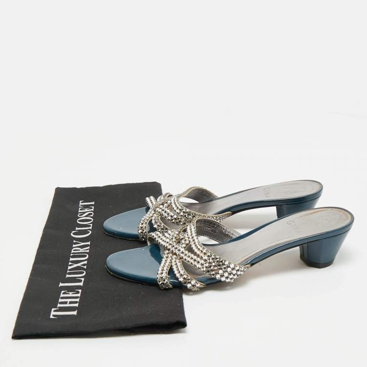 Pre Owned Gina Blue//Silver Patent Leather Crystal Embellished Slides Sandals Size 38.5