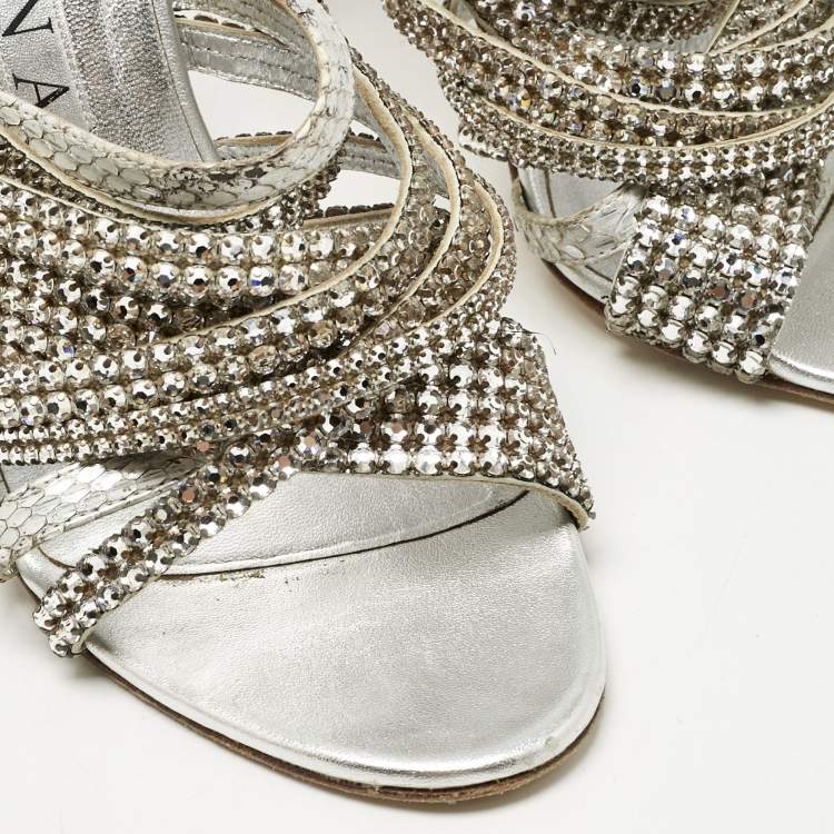 Pre Owned Gina Silver Leather and Snakeskin Embossed Crystal Embellished Slide Sandals Size 39.5