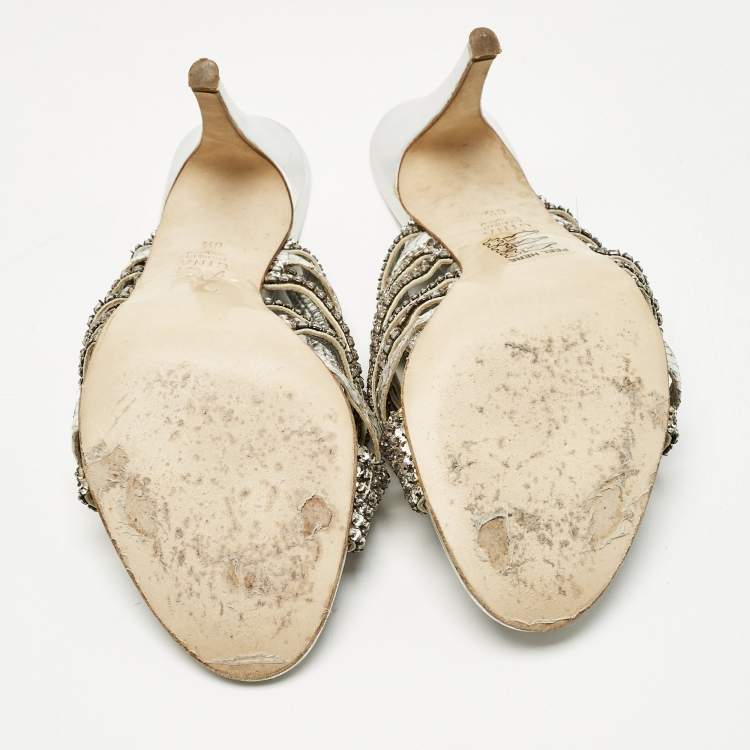 Pre Owned Gina Silver Leather and Snakeskin Embossed Crystal Embellished Slide Sandals Size 39.5
