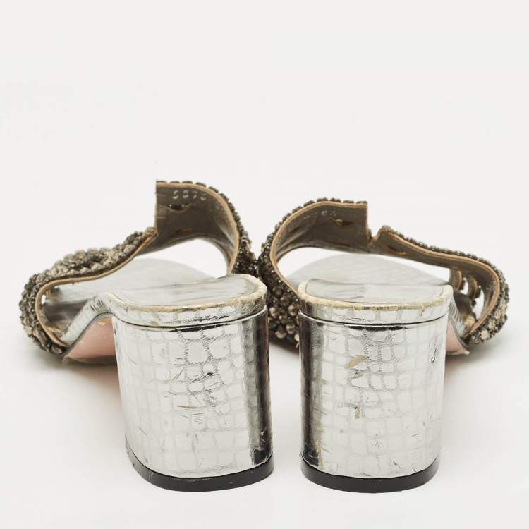 Pre Owned Gina Silver Croc Embossed Leather Crystal Embellished Slide Sandals Size 38.5
