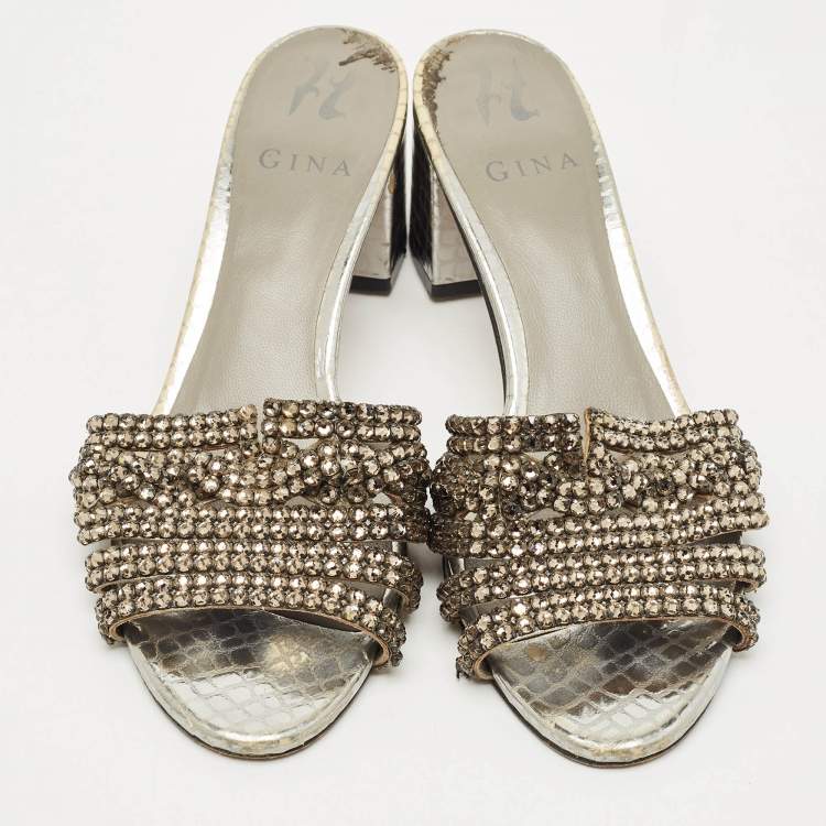 Pre Owned Gina Silver Croc Embossed Leather Crystal Embellished Slide Sandals Size 38.5