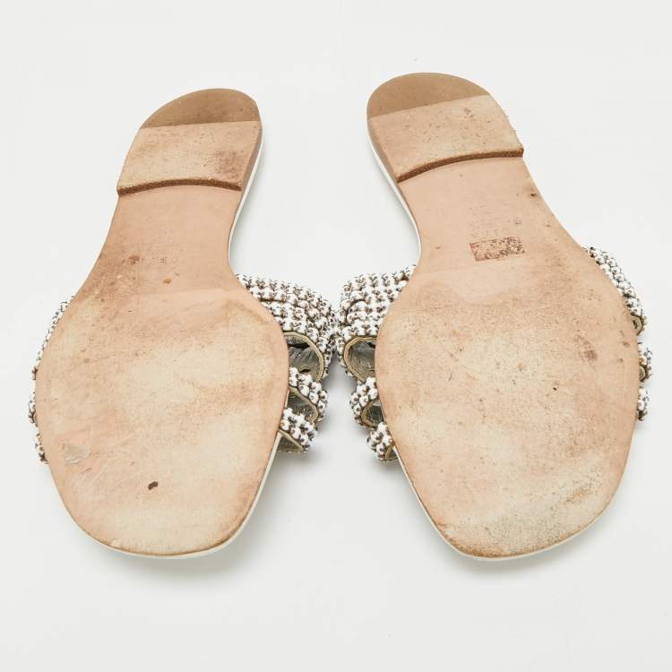 Pre Owned Gina Silver Leather Crystal Embellished Leather Loren Flat Sandals Size 39.5