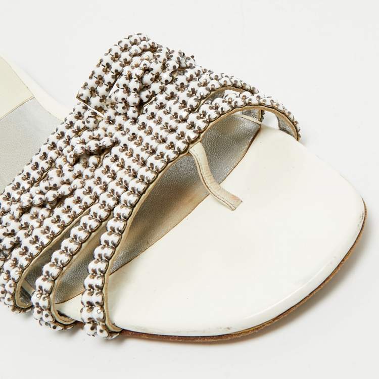 Pre Owned Gina Silver Leather Crystal Embellished Leather Loren Flat Sandals Size 39.5