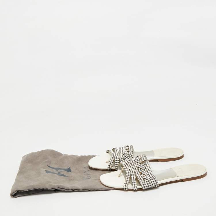 Pre Owned Gina Silver Leather Crystal Embellished Leather Loren Flat Sandals Size 39.5