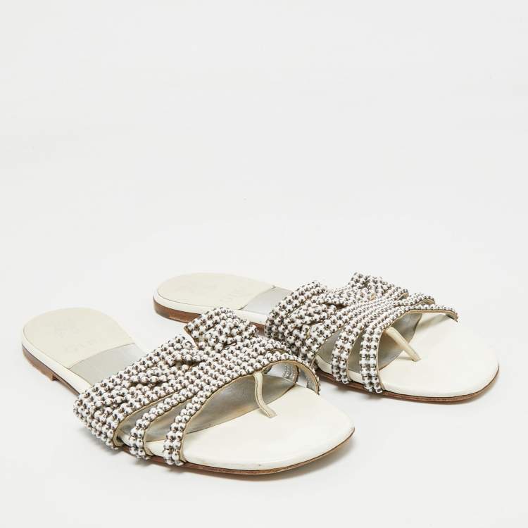 Pre Owned Gina Silver Leather Crystal Embellished Leather Loren Flat Sandals Size 39.5