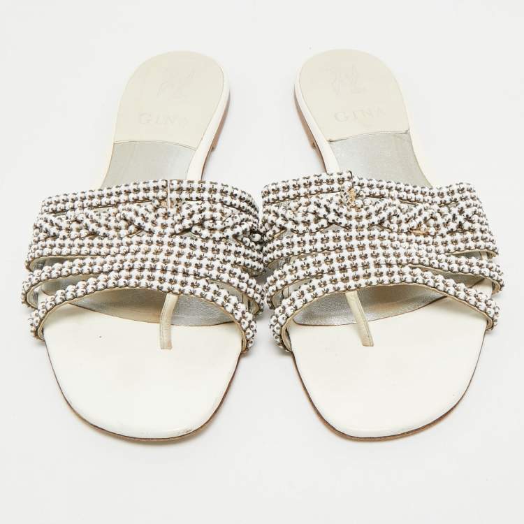 Pre Owned Gina Silver Leather Crystal Embellished Leather Loren Flat Sandals Size 39.5