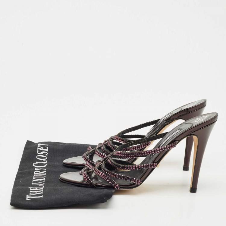 Pre Owned Gina Purple Leather Crystal Embellished Slide Sandals Size 39.5