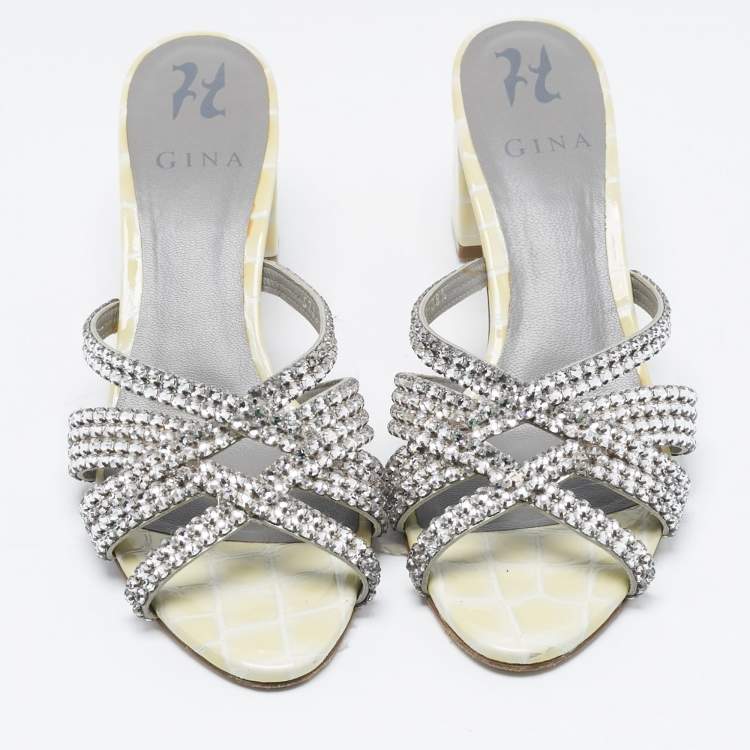 Pre Owned Gina Yellow/Grey Croc Embossed Patent Leather Dexie Slide Sandals Size 38.5