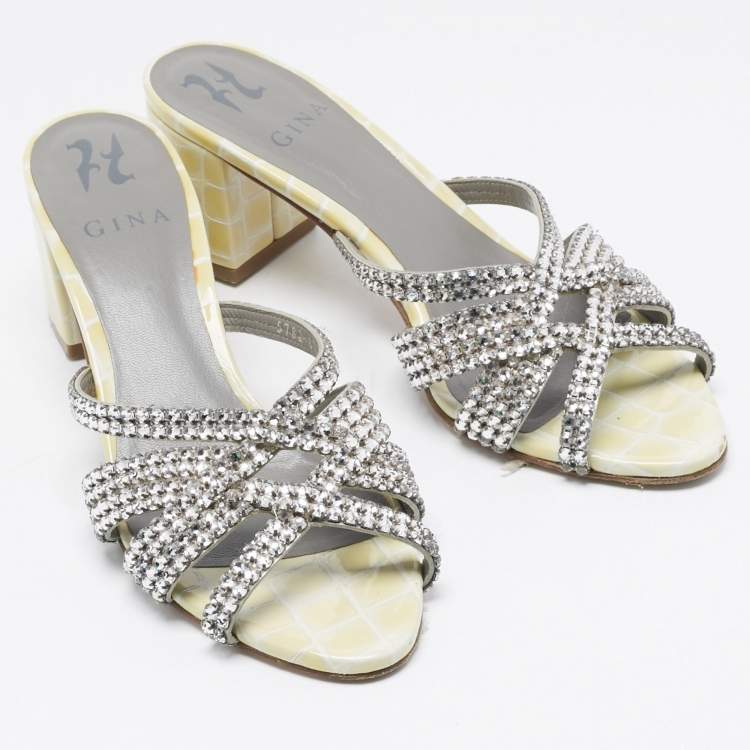 Pre Owned Gina Yellow/Grey Croc Embossed Patent Leather Dexie Slide Sandals Size 38.5