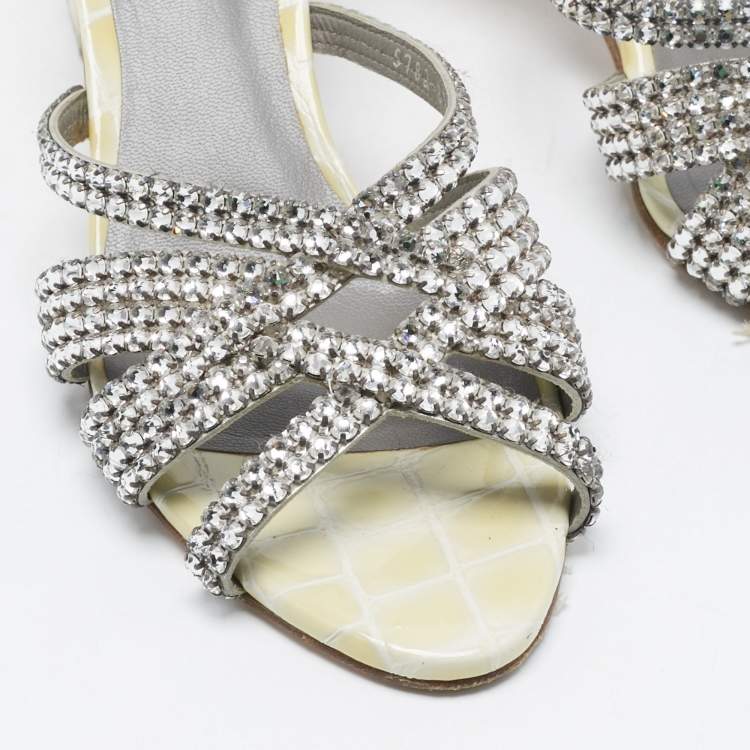 Pre Owned Gina Yellow/Grey Croc Embossed Patent Leather Dexie Slide Sandals Size 38.5