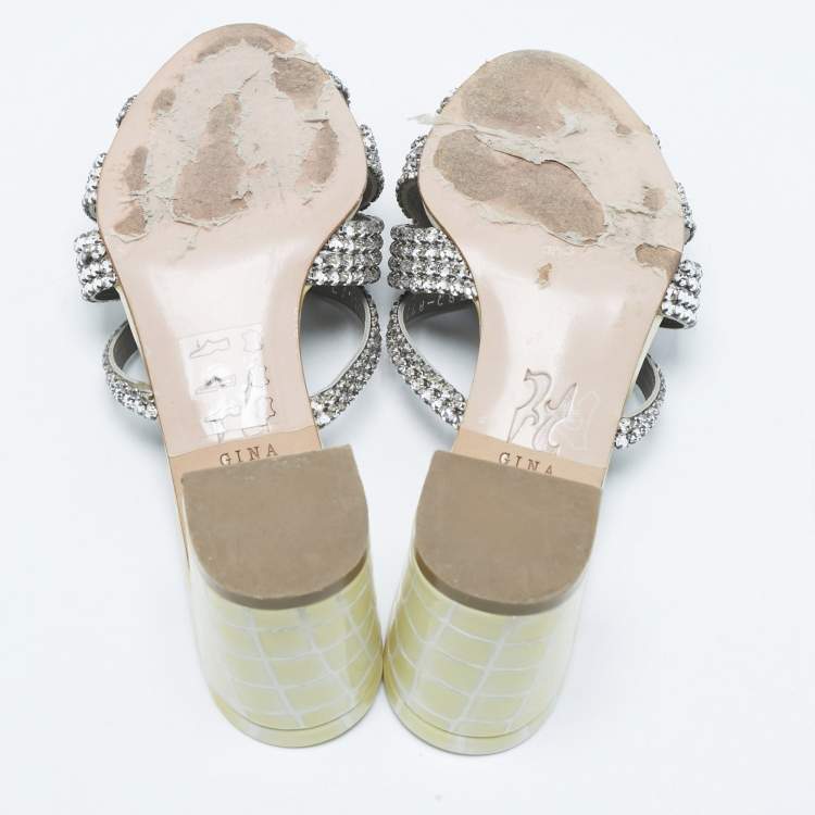 Pre Owned Gina Yellow/Grey Croc Embossed Patent Leather Dexie Slide Sandals Size 38.5
