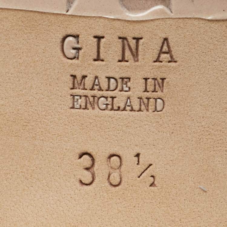 Pre Owned Gina Yellow/Grey Croc Embossed Patent Leather Dexie Slide Sandals Size 38.5