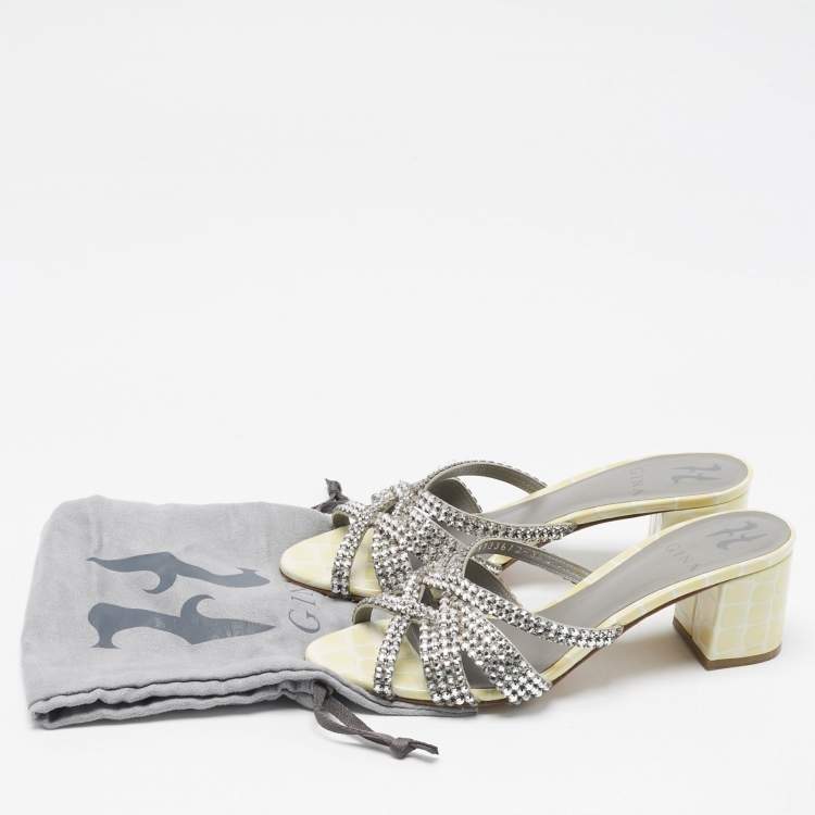 Pre Owned Gina Yellow/Grey Croc Embossed Patent Leather Dexie Slide Sandals Size 38.5