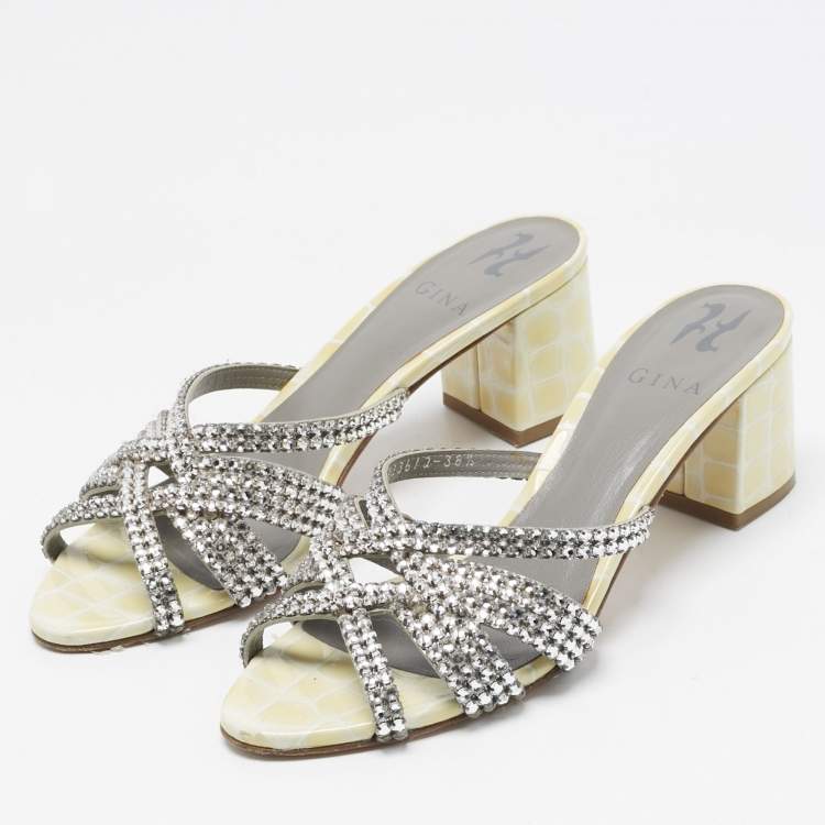 Pre Owned Gina Yellow/Grey Croc Embossed Patent Leather Dexie Slide Sandals Size 38.5