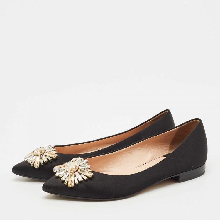 Pre Owned Gina Black Satin Crystal Embellished Ballet Flats Size 38