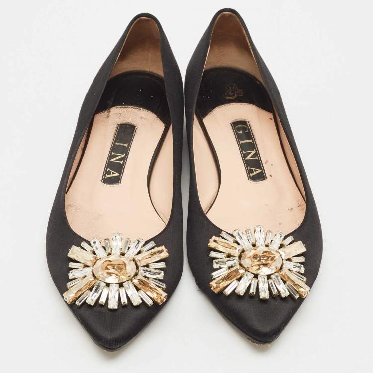 Pre Owned Gina Black Satin Crystal Embellished Ballet Flats Size 38
