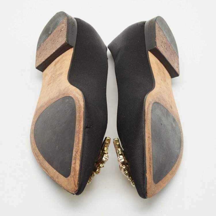 Pre Owned Gina Black Satin Crystal Embellished Ballet Flats Size 38