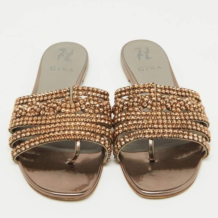 Pre Owned Gina Brown Leather Crystal Embellished Flat Slide Sandals Size 38.5