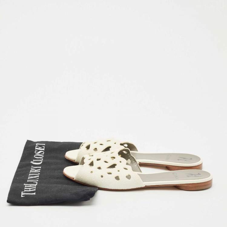 Pre Owned Gina White Cutout Leather and Stones Slide Flat Size 38.5