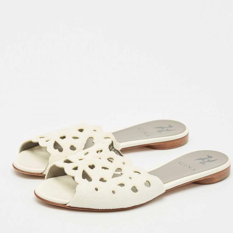 Pre Owned Gina White Cutout Leather and Stones Slide Flat Size 38.5