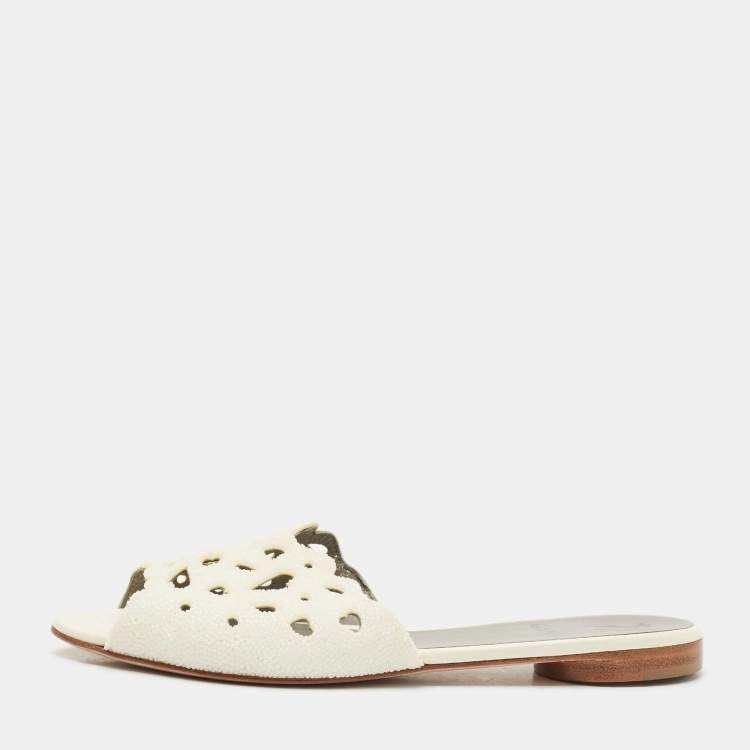 Pre Owned Gina White Cutout Leather and Stones Slide Flat Size 38.5