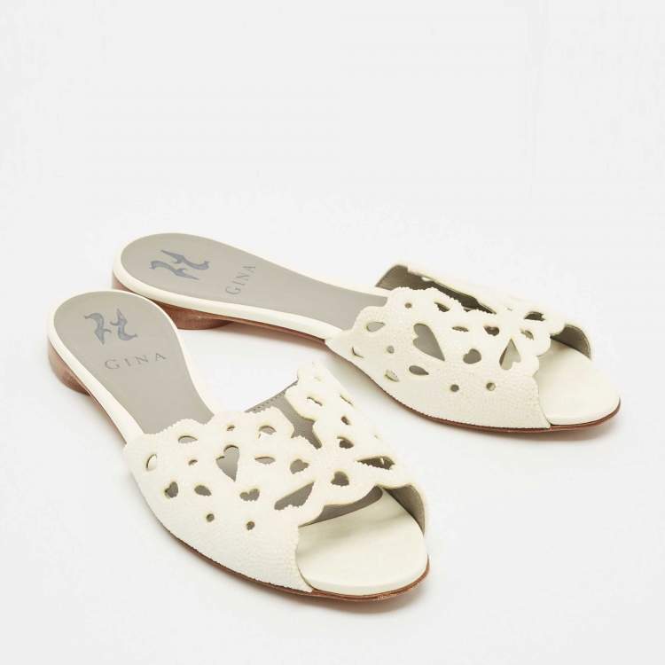Pre Owned Gina White Cutout Leather and Stones Slide Flat Size 38.5