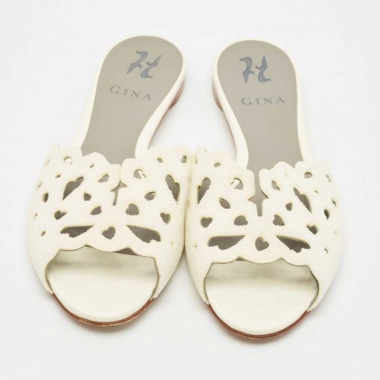 Pre Owned Gina White Cutout Leather and Stones Slide Flat Size 38.5
