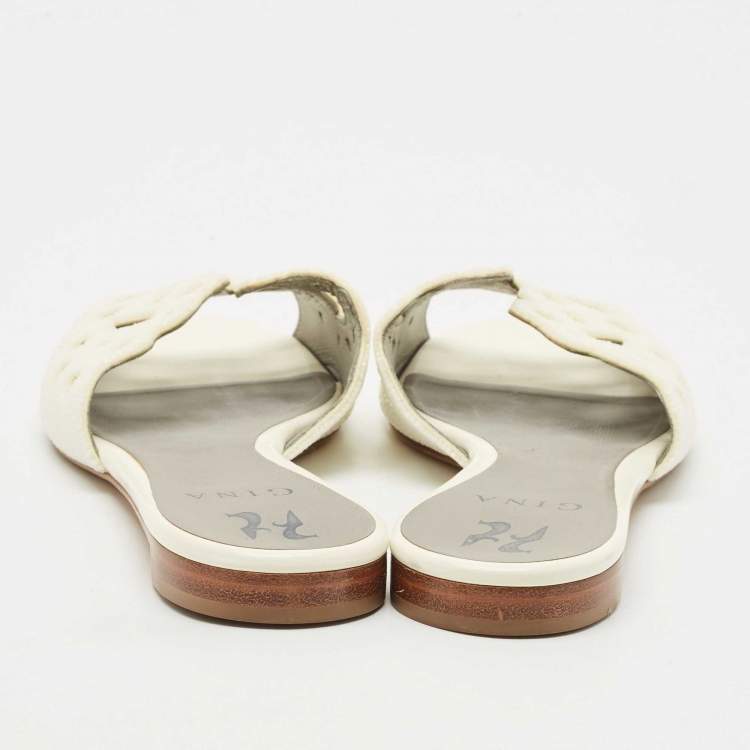 Pre Owned Gina White Cutout Leather and Stones Slide Flat Size 38.5