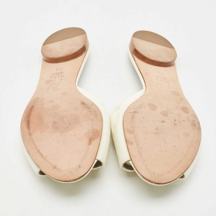 Pre Owned Gina White Cutout Leather and Stones Slide Flat Size 38.5