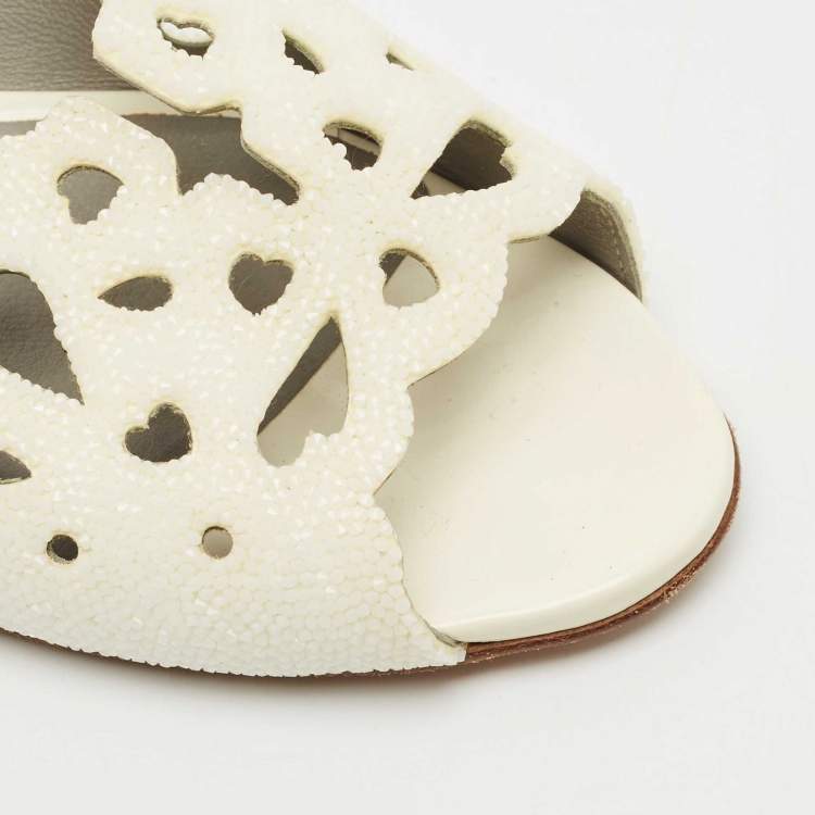 Pre Owned Gina White Cutout Leather and Stones Slide Flat Size 38.5