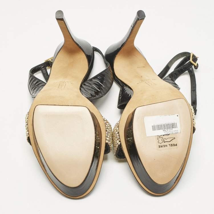 Pre Owned Gina Black Patent Leather Crystal Embellished T-Strap Sandals Size 40
