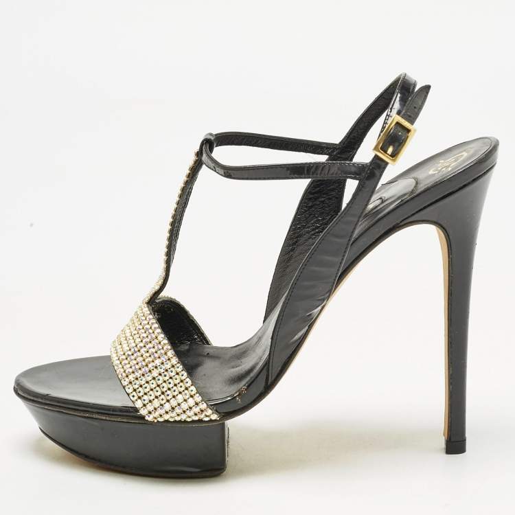 Pre Owned Gina Black Patent Leather Crystal Embellished T-Strap Sandals Size 40