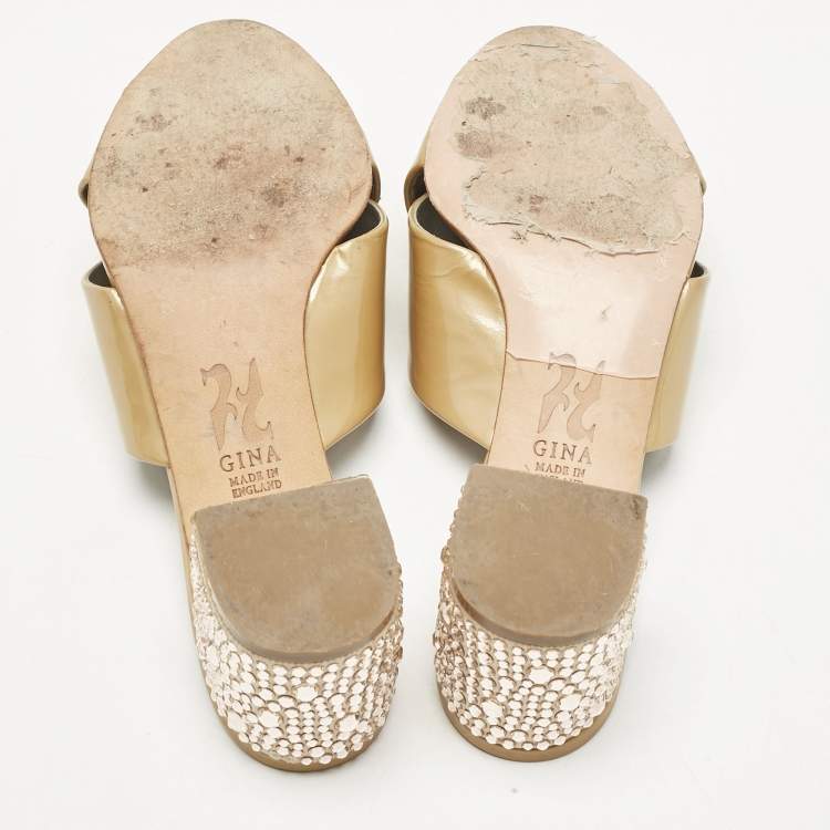 Pre Owned Gina Beige Patent Leather Crisscross Crystal Embellished Block Heel Sandals Size 37.5