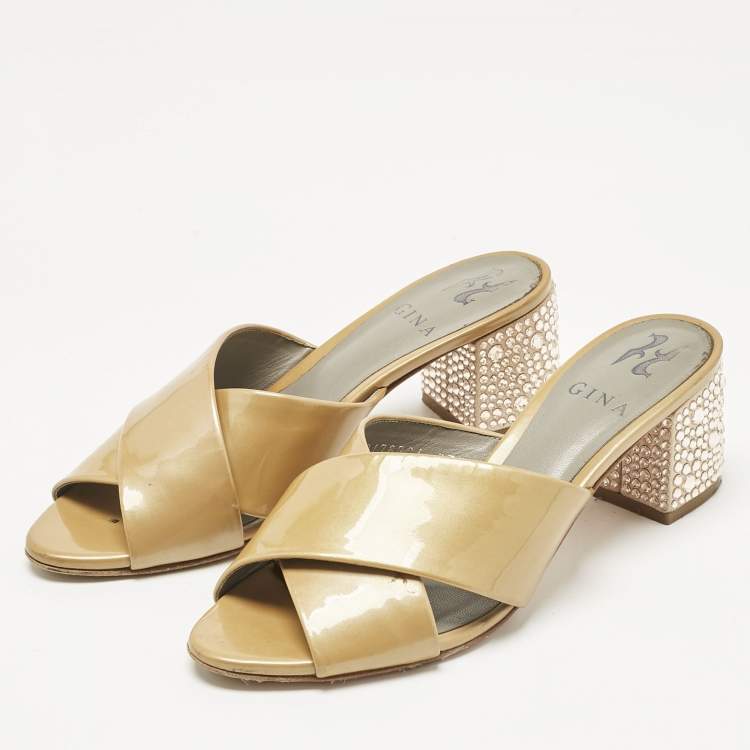 Pre Owned Gina Beige Patent Leather Crisscross Crystal Embellished Block Heel Sandals Size 37.5