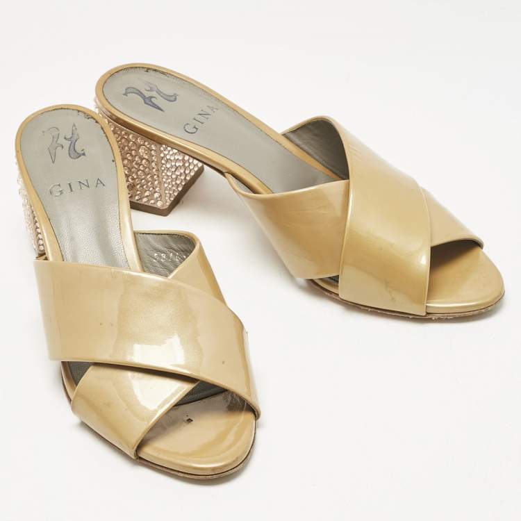 Pre Owned Gina Beige Patent Leather Crisscross Crystal Embellished Block Heel Sandals Size 37.5