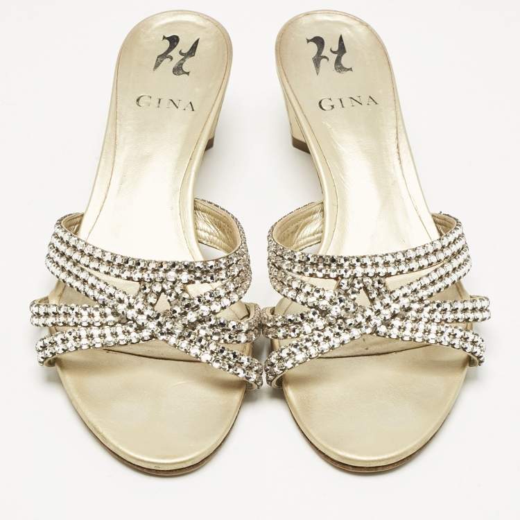 Pre Owned Gina Gold Leather Crystal Embellished Slide Sandals Size 40
