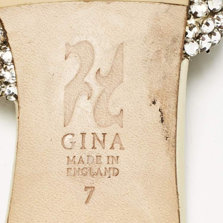Pre Owned Gina Gold Leather Crystal Embellished Slide Sandals Size 40