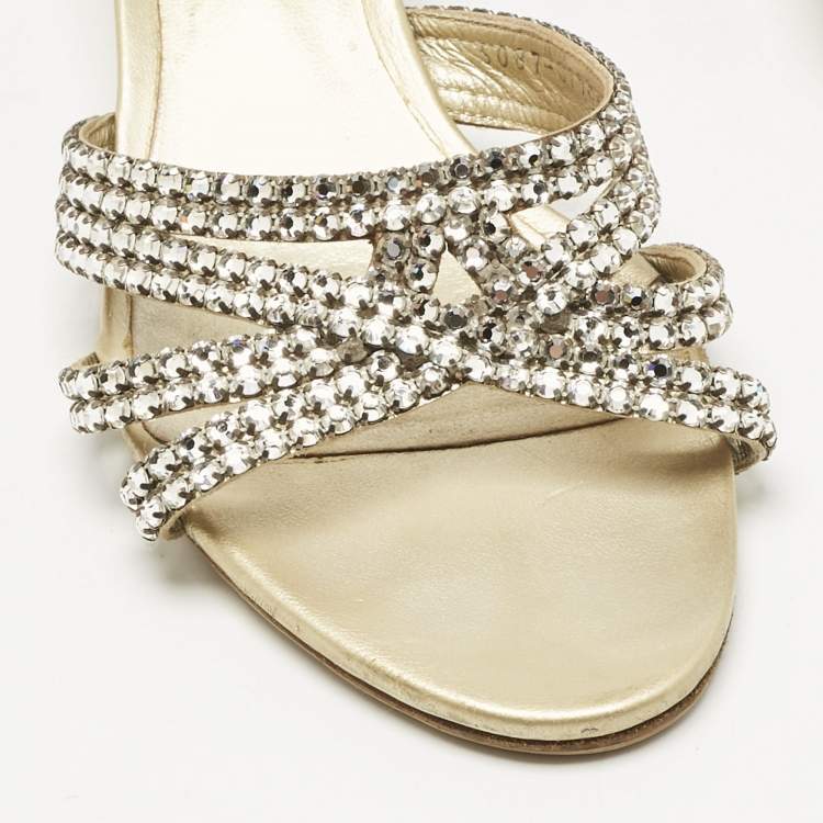 Pre Owned Gina Gold Leather Crystal Embellished Slide Sandals Size 40