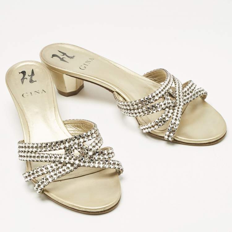 Pre Owned Gina Gold Leather Crystal Embellished Slide Sandals Size 40