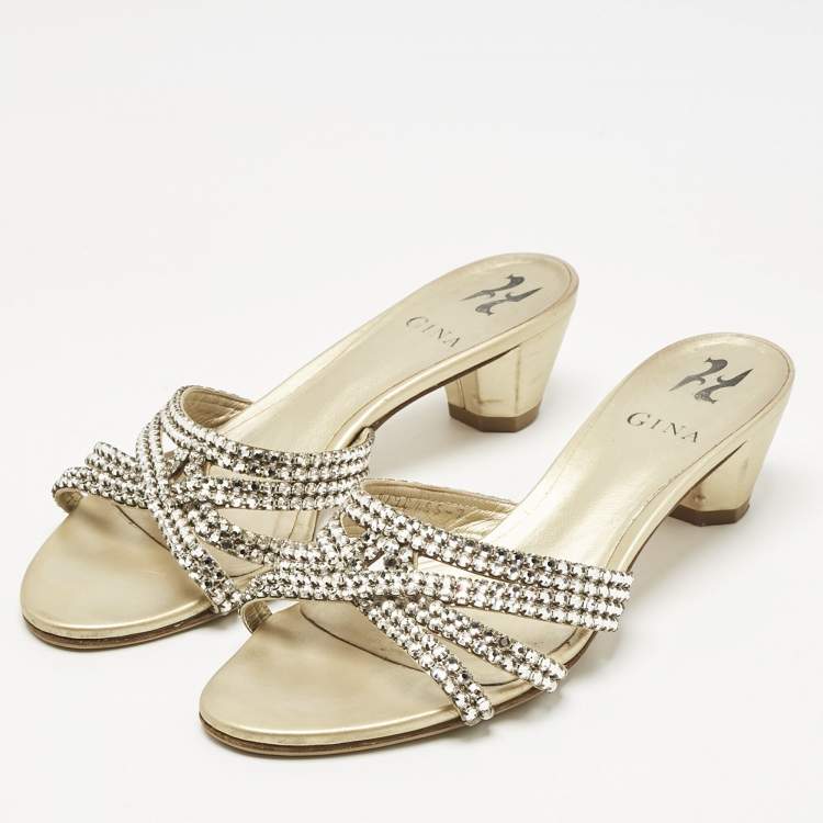 Pre Owned Gina Gold Leather Crystal Embellished Slide Sandals Size 40