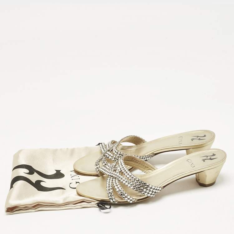 Pre Owned Gina Gold Leather Crystal Embellished Slide Sandals Size 40