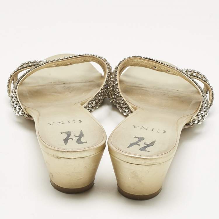Pre Owned Gina Gold Leather Crystal Embellished Slide Sandals Size 40